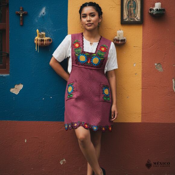 Reds Mexican Embroidered Apron – Basic Handmade Apron with Floral Design - Picture 2 of 9